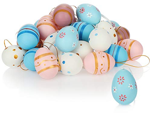com-four® 30x Hängende Ostereier - Osterdeko aus Kunststoff in tollen Farben und Motiven für Ostern