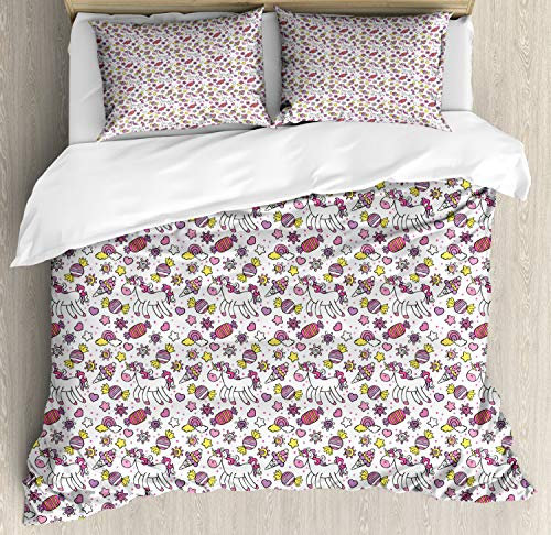 ABAKUHAUS Unicorn Duvet Cover Set, Unicorn Candies Stars, Bedding Set 3 Pieces with 2 Pillow Shams, 230 x 220 cm - 70 x 50 cm, Yellow Lilac Pink