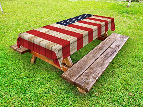 ABAKUHAUS Vereinigte Staaten von Amerika Outdoor-Tischdecke, Independence Day im Juli, dekorative waschbare Picknick-Tischdecke, 145 x 265 cm, Marineblau Creme