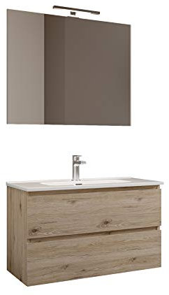 MaMa Store Atena Mobile sospeso con lavabo, specchio e lampada LED, Laminato, Quercia Naturale L. 81 X P. 47 X H. 53 Cm