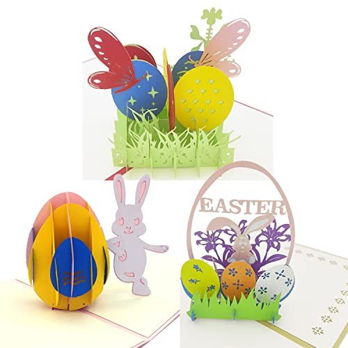 3 Stück Oster-Pop-Up-Karten – Osterkarte, 3D-Karte, Grußkarte, Eier, Hase, Blumen, Karte (Hasenblumenei)