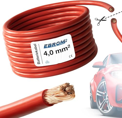 EBROM FLY Fahrzeugleitung - KFZ Leitung – Batteriekabel ROT – Querschnitt 4 mm² - Meterware – flexibel 90 ± 5 Shore - 99,99% Kupfer, Mantel Spezial PVC FLY FLRy - Fahrzeugkabel in 4mm2