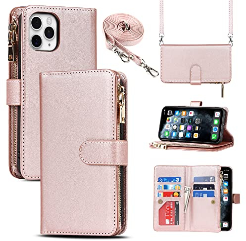 Cavor Funda iPhone 11 Pro MAX con Cuerda,Flip Billetera Funda Cuero con Ajustable Colgante,[9 Ranuras][Hebilla Magnética],Funda Piel Carcasa Case para iPhone 11 Pro MAX - Oro Rosa