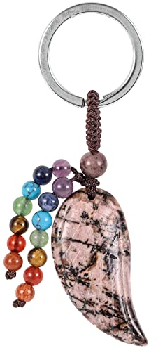 Nupuyai Rhodonit Stein Engelsflügel Schlüsselanhänger Kristall mit 7 Chakra Heilsteine, Schutzengel Flügel Glücksbringer Edelstein Schlüsselring Glücksstein Amulett Taschenanhänger