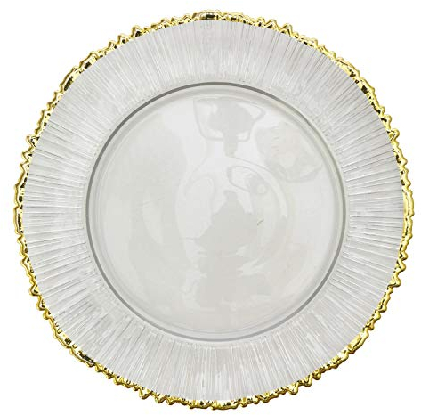 Decor Essentials Gold Rimmed Charger Plate Dandelion Ribbed Design Event Decor Tableware (Clear/Gold 0309)
