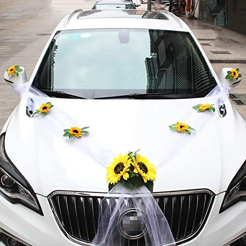 Organza Autoschmuck Hochzeit,Wedding Hochzeit Car Autodeko Girlande,Auto Schmuck Braut Paar Sonnenblume Deko,Hochzeits Autodeko Blumendekoration,Hochzeitsschmuck für Hochzeits Verlobt Party,Weiss B