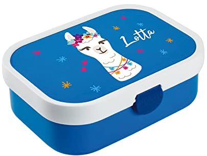 4youDesign blaue Brotdose mit Fächern -Konfetti-Lama- personalisiert mit Namen I Campus mit Bento-Box & Gabel I für Jungen & Mädchen