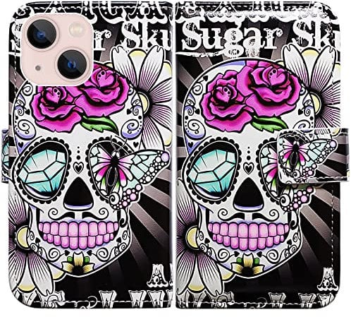 Bcov iPhone 14 Case, Purple Flower Sugar Skull Leather Flip Phone Case Wallet Cover with Card Slot Holder Kickstand For iPhone 14