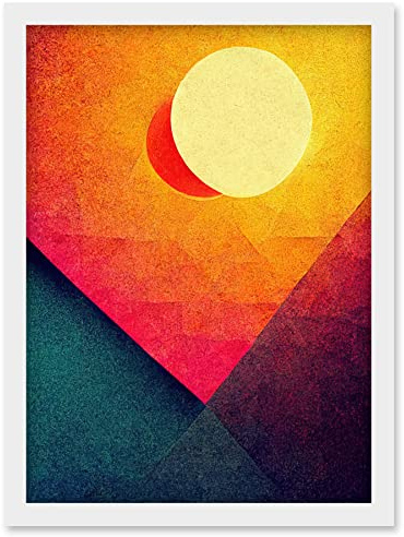 Wee Blue Coo Abstract Geometric Retro Eclipse Moon Sun Yellow Pink Teal Colourful Sunset Artwork Framed Wall Art Print A4