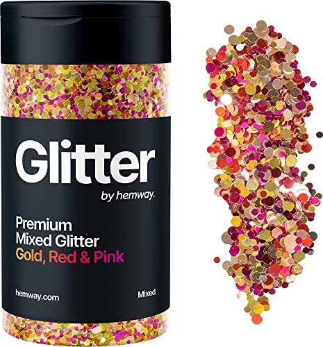 Hemway Chunky Glitter 110g / 3.9oz Mixed Craft Glitter Powder Paillettes Fiocchi metallici per Nail Art Corpo Viso Occhi Capelli Festival, Bicchieri in Resina - Oro Rosso Rosa Mix Disco