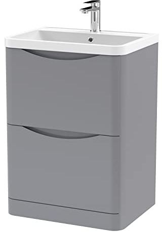 nuie LUN201 Lunar Modern Bathroom Floor Standing 2 Drawer Vanity Basin Unit with Polymarble Basin, 600mm, Satin Grey