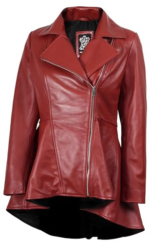 fjackets Chaqueta de cuero para mujer, chaqueta de piel de cordero real para mujer, chaqueta de cuero elegante para todas las estaciones, Clarissa Peplum - Rojo, M