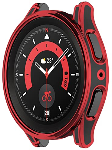 LOKEKE Compatibile con Samsung Galaxy Watch 5 Pro 45 mm PC Custodia protettiva per orologio con pellicola protettiva in vetro temperato (nero + rosso)