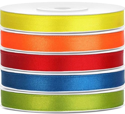 Satin Geschenkband 6mm 5 Farben je 25m lang bunt gelb orange rot blau grün Schleifenband Geschenkverpackung Geburtstag Hochzeit Weihnachten 5er Set