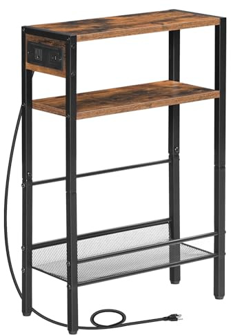 HOOBRO Small Narrow Side Table with Charging Station, Skinny End Table for Small Spaces, Slim Nightstand with USB Ports Outlet, Sofa Beside Table with Storage Shelf, Rustic Brown and Black BF102UBZ01