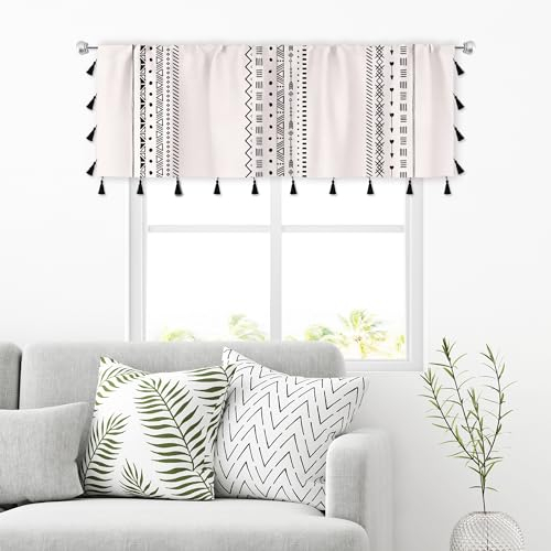 MESHELLY Boho Schwarz Weiß Quaste Volant Küche Vorhänge 132 B x 45 cm Stangentasche Abstrakte Streifen Nordisch Minimalistisch Schlafzimmer Fenster Vorhänge Geometrisch Gedruckt Wohnzimmer