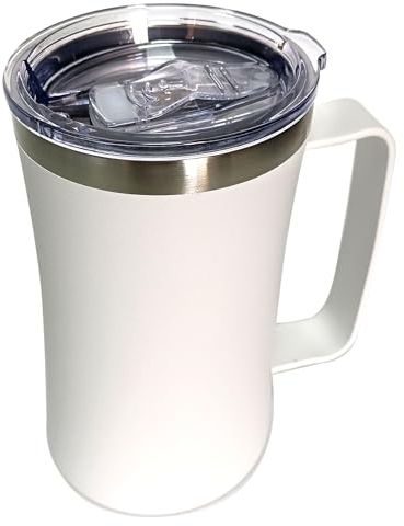 OrgMemory Tasse isotherme en acier inoxydable, grande tasse de 591 ml, chope de bière à double paroi avec poignée, tasse à café isotherme avec couvercle (blanc)