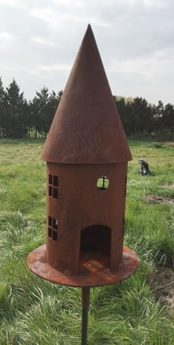 Vogelhaus H45cm + Stab Gartenstecker Futterhaus zum Beleuchten Windlicht Teelicht Futterhaus Edelrost Gartendeko Metall Rost