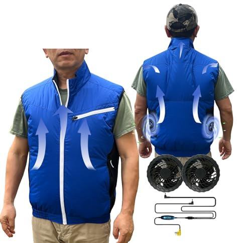 Cooling Vest for Men and Women with Air Conditioning Fans，Water-resistant Surface Lightweight Quick Dry with UV Protection, Blue, M