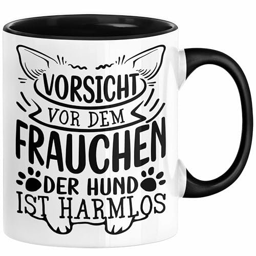 Frauchen Tasse Geschenk Hundebesitzerin Spruch Geschenkidee Kaffee-Becher Hunde Besitzerin Vorsicht Vor Dem Frauchen Der Hund Ist Harmlos (Schwarz)