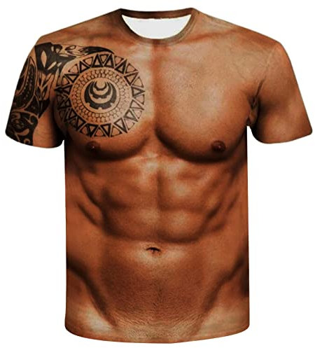 Yowablo T-Shirt Männer Lustige 3D Muskeldruck Fitness Elastic Short Sleeve Top Bluse (11Braun, XXXL)