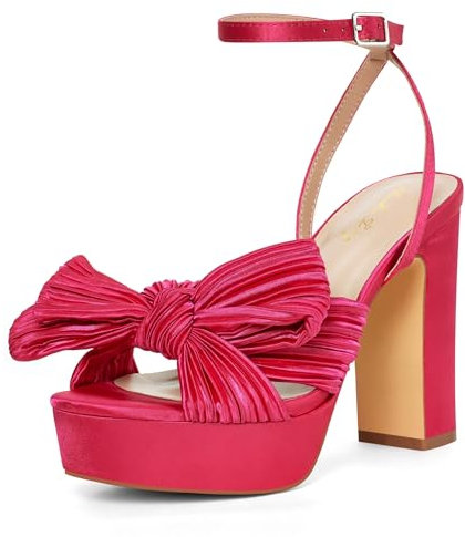 Zhabtuc Scarpe vintage con plateau e cinturino con fiocco e tacco grosso Sandali con punta tonda con fiocco in raso 11 cm per il ballo di fine anno, Rosa, EU 39
