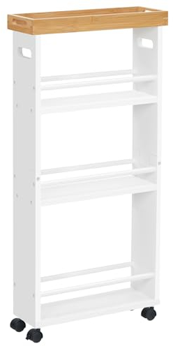 HOOBRO 4-stöckiger Schmaler Servierwagen, Küchenwagen aus Bambus, küchenwagen schmal mit 360° Drehbare Räder, für kleine Räume in Badezimmern, Schlafzimmern, Waschküchen, Naturholz + Weiß EYW40TC01N1