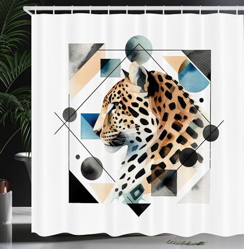 ABAKUHAUS Leopard Duschvorhang, Minimalistisches geometrisches Porträt Tier mit Aquarellstil Modern Wild Print, Stoffliches Gewebe Badezimmerdekorationsset mit Haken, 175 x 200 cm, Braun Weiß Blau
