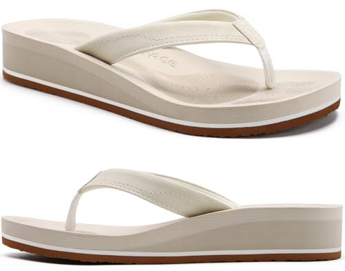 COFACE Femmes Tongs Mode Sandales Tong Compensees été Plage Piscine et Vacances avec Tapis de Yoga Confortable Beige Blanc Taille 43