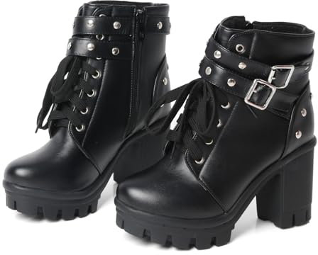 FOREADA Gothic-Stiefel mit klobigem Absatz für Damen, knöchelhoch, schwarz, Plateau-Stiefel, Schnalle, Nieten, Punk, Gothic, Schuhe mit Reißverschluss, Dicker Absatz, Schwarz, 37.5 EU