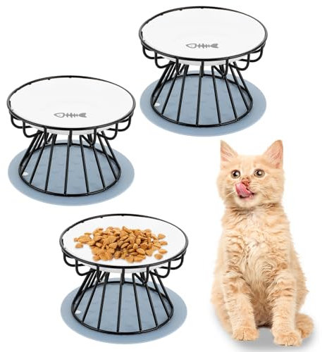 YAYODS 3 Stück Katzennapf Keramik - Katzennapf Erhöht mit Napfunterlage Silikon - Erhöhter Katzennapf - Futternapf Katze Erhöht - Katzennäpfe Mit Metallständer - Napferhöhung Katzen, Spülmaschinenfest