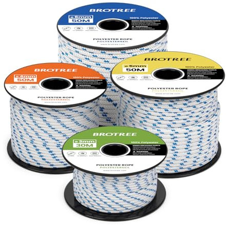 Brotree Cuerda Poliéster 6mm x 30m Blanco/Azul en Rollo - Cordón Trenzado Cuerda Multiusos para Exterior, Amarre, Nautica, Driza - 600KG Carga de Rotura
