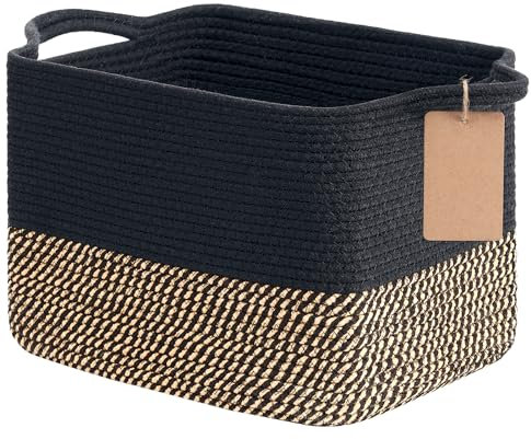 Woven Storage Basket, Cotton Rope Basket for Shelves Closet Organizer, Square Shelf Basket for Toys, Books, Shoes, Decorative Empty Gift Basket for Home Bathroom Decor, 33x25x22.5cm, Black Jute