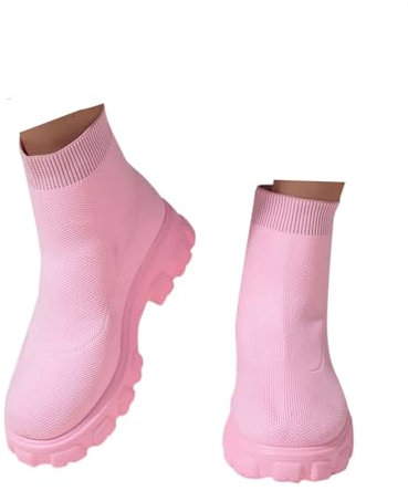 Damen Stricksocken, Chelsea-Stiefel, modisch, zum Reinschlüpfen, Plateau-Stiefeletten, Stretch-Mesh-Sohle, klobige Schlupfstiefel, rose, 36.5 EU
