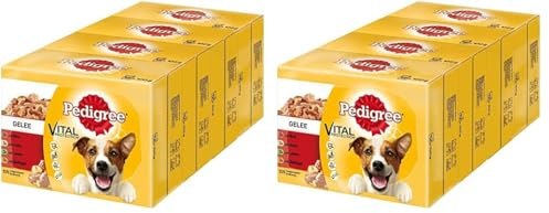 Mars PEDIGREE® Portionsbeutel Multipack Favourite 4 Varietäten in Gelee mit Huhn, Rind+Leber, Geflügel, Lamm+Leber 4 x 12 x 100g (Packung mit 2)