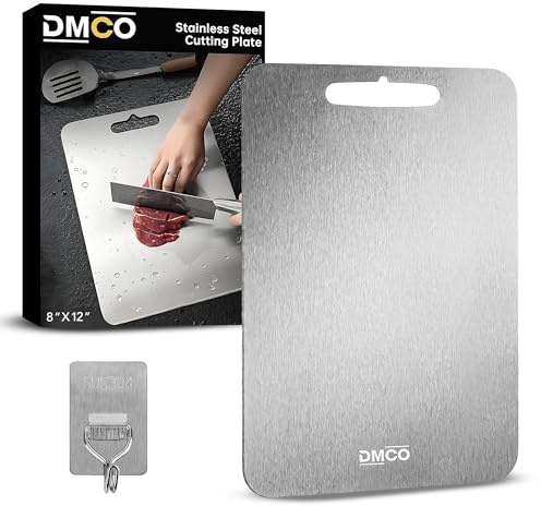 DMCO Schneidebrett aus Edelstahl - 2025 Upgrade - Langlebiges Metall Schneidebrett für Küche - Doppelseitig für Fleisch, Fisch, Gemüse - Spülmaschinenfest, rutschfest, lebensmittelecht