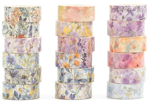 Songdao 18 rouleaux Fleur Washi Tape Set Fleurir Ruban Adhésif Papier Décoratif Masking Tape pour Scrapbooking Artisanat de Bricolage (Lavande Dream)