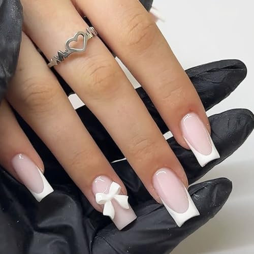 French Press on Nails, 24Pcs Square French Fake Nails with Bow, Press on Nails Pattern, Stick on Nails, White French Nail Tips for Women Girls Nails Art, DIY Nail Art at Home