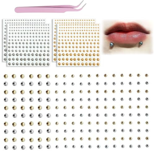 IKOPFLN 4 Blatt 660 Stück Lippenstecker, Fake-Nasenstecker, Augenbrauenstecker, nicht durchdringender Nasenstecker,fake piercing,Mit Pinzette,Silber und Gold