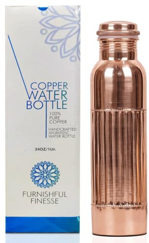FURNISHFUL FINESSE Copper Water Bottle 1000 ml Pure Copper Bottles with Carry Bag For Sports, Yoga, Ayurvedic Vessels for Gym,Office,Hiking (Pack of 1, Natural Lining Bottle)