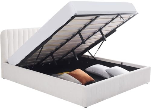 HOMIFAB Lit Coffre Adulte 180x200 cm avec tête de lit capitonnée en Tissu bouclé Beige - Ava