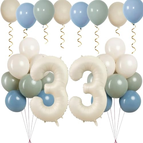 Anlgdi Weiß Luftballon 33, 24 Stück 12 Zoll Latex Ballon, Luftballon 33. Geburtstag Deko Männer, Geburtstagsdeko 33 Jahre Frau, Folienballon Zahlen 33, Blau Helium Ballon für 33. Geburtstag Party Deko