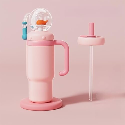 Stainless Steel Whale Fountain Tumbler with Handle – Two Lids, Spill-Proof, Dishwasher Safe, Cute & Perfect for Kids, Teens, and Adults. Whale Cup, 710ml Drinking Cup with Whale Squirt (Pink)