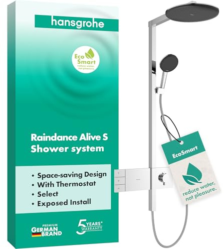 hansgrohe Raindance Alive S - wassersparendes Duschsystem (EcoSmart) mit Thermostat, Regendusche (300mm) mit Armatur, Handbrause, Schlauch, Brausestange und Kopfbrause (2 Strahlarten), Chrom, 24596000