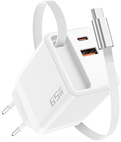 Powice 65W USB C Ladegerät, 3-Port Schnellladegerät mit Einziehbarem 67cm Kabel, USB C GaN Schnellladestecker für iPhone 16 15 14, MacBook Pro, Samsung Serie, Tablet(mit Einziehbares Ladekabel Weiß