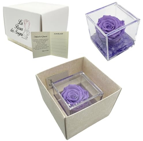 Tesori Nascosti Rosa stabilizzata profumata in Cubo Trasparente - Made in Italy - Confezione Regalo Elegante - Durata 5-7 anni - 12x12 cm (Lilla)