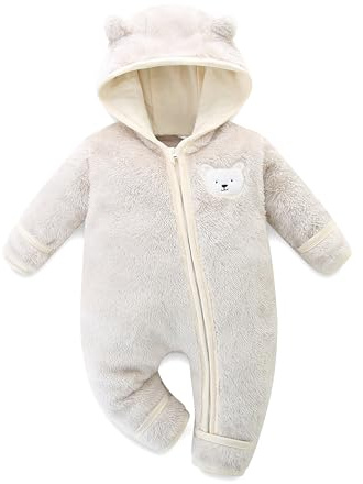 KIDDLETOWN Baby Snowsuit Newborn Baby Hooded Footed Romper Cartoon Bear Snowsuit Newborn Clothes Winter Coat Warm Fleece Zipper Girl Boy Jumpsuit 0-3 Months