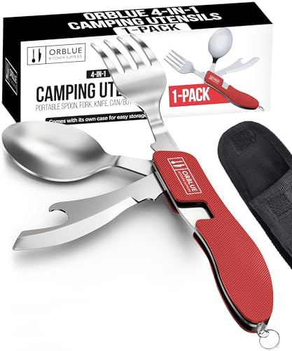 Orblue 4-in-1 Camping Utensils, 2-Pack, Portable Stainless Steel Spoon, Fork, Knife & Bottle Opener Combo Set - Travel, Backpacking Cutlery Multitool (RED 1-Pack)