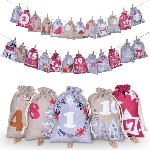 24 PCS Advent Calendar Bags 2025, DIY Empty Burlap Drawstring Bags with 1-24 Numbered Tags to Fill Yourself, Reusable Fabric Christmas Sacks for Xmas Tree Door Window Decoration & Gift Packaging (B)
