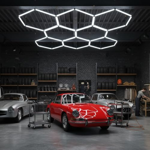LUXULA Hexagon LED Wabenleuchte 8-fach 280W 6500K Kaltweiß mit Drahtseil | LED Garagenlampe, Werkstattlampe für Showroom, Barber, Friseur und Salon, inkl. Drahtseil-Aufhängung, 250x240x3,5cm